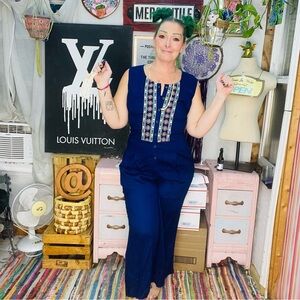 Blue Embroidered V-Neck Jumpsuit with Boho Detailing Size Medium